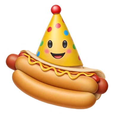 A hotdog wearing a party hat sticker
