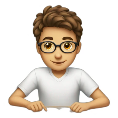 a 12-year-old boy with brown hair and gray eyes wearing glasses and a white shirt is sitting at a desk at school sticker