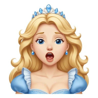 Cinematic Realistic Yawning Cinderella Portrait, showcasing lifelike porcelain skin and intricately detailed golden-blonde hair styled flawlessly as she mid-yawn reveals a moment of tender vulnerability. Her half-closed blue eyes and relaxed expression are rendered with natural, soft lighting that emphasizes the subtle textures of her face and the detailed, flowing fabric of her iconic gown. The scene glows with a cozy, authentic warmth that captures a rare, intimate moment of repose. sticker