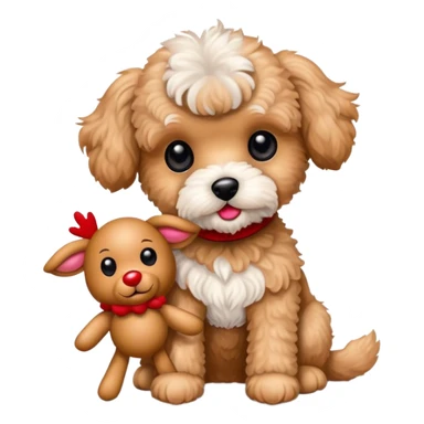 Tan maltipoo holding Rudolph the red  nose reindeer stuffed animal  sticker
