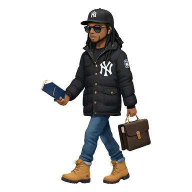 African American man with shoulder length black dreadlocks and black sunglasses wearing a black New York Yankees baseball hat with a North Face brand bubble winter coat with denim skinny jeans and timberland boots walkingholding a bible sticker