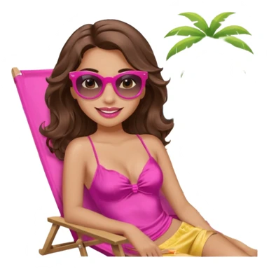 girl with long wavy brown hair, brown eyes, long lashes makeup, sexy pink lips, smiling, light to medium complexion, wearing a pink sexy silk top, relaxing in a beach chair  sticker