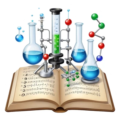 Icon for Scientific and Educational Reading: an open book with mathematical and physical formulas on the pages, with molecules and atoms flying out. On the desk are test tubes, flasks, and a microscope. Transparent background. sticker