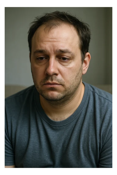 Un uomo caucasico di 35-45 anni, in CGI fotorealistico, che mostra i segni fisici ed emotivi di un basso livello di testosterone. sticker