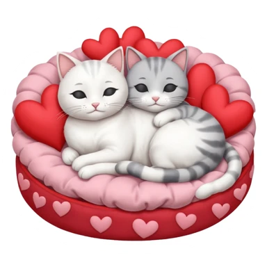 White cat and gray cat sleeping together in a bed full of hearts sticker