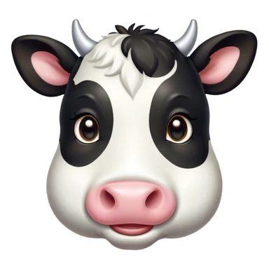 Cinematic Cute Black and White Cow Portrait Emoji, Head tilted playfully and inquisitively, featuring a glossy, contrasting coat of black and white, round, sparkling brown eyes filled with gentle curiosity, Simplified yet irresistibly adorable features, highly detailed, glowing with a warm, friendly glow, high shine, affectionate and serene, stylized with a touch of contemporary charm, bright and endearing, soft glowing outline, capturing the essence of a mischievous yet loving cow, so playful it feels like it could moo out of the screen and into your arms! sticker
