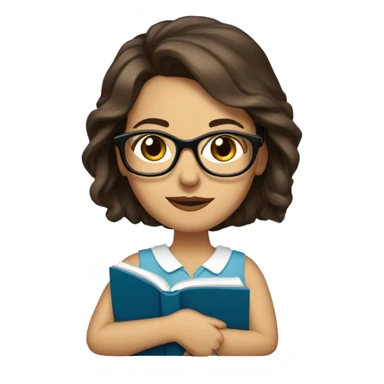 woman with glasses and and blue eyes and medium length brunette hair halding a book sticker