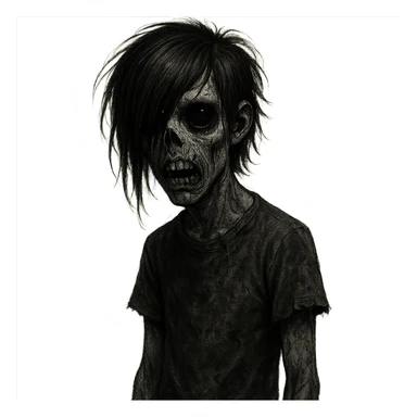 boy zombie with black hair, emo style, creepy, long hair, scary, black eyes, black skin sticker