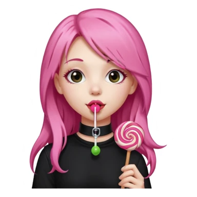 Cute girl with long pink hair wearing black, and a cute choker  licking a lolli sticker