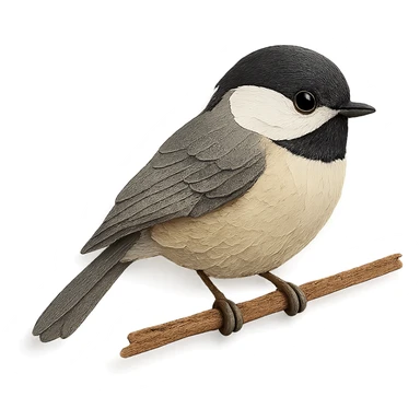 Carolina Chickadee sitting on a branch, delicate paper layers, expressive eye, naturalistic pose, subtle color variations sticker