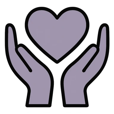 Make the hands more realistic while keeping the dull purple color-filled style, hands outlined in black, heart shape in the center, maintain transparent background. sticker