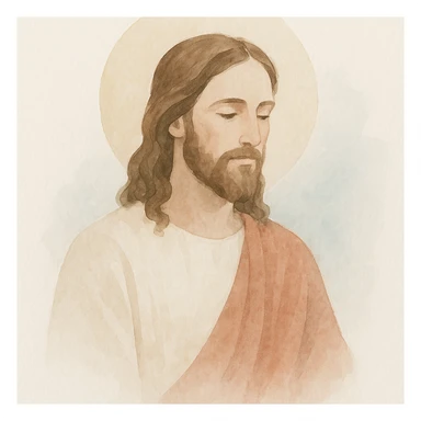 Jesus Christ in watercolor style, with halo, soft colors, long hair and beard, traditional clothing, artistic background sticker