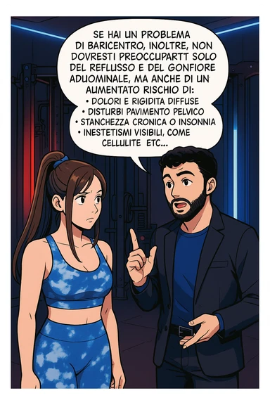 TRASFORMA QUESTO CAROSELLO IN UN FUMETTO STILE WEBTOON/MANGA A COLORI CON QUESTE DUE PERSONE IDENTICHE CHE INTERLOQUISCONO TRA LORO, L'uomo sta spiegando alla donna questo concetto:

Se hai un problema di baricentro, inoltre, non dovresti preoccuparti solo del reflusso e del gonfiore addominale, ma anche di un aumentato rischio di:
    • dolori e rigidità diffuse
    • disturbi pavimento pelvico
    • stanchezza cronica o insonnia
    • inestetismi visibili, come celluluite
    • etc… sticker