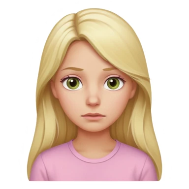 blonde with long hair and swamp-colored eyes, wearing a pastel pink shirt, thoughtful expression, iOS Apple emoji style sticker