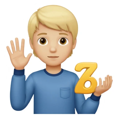 A blond boy holding in one hand 6 and in the other 7 sticker