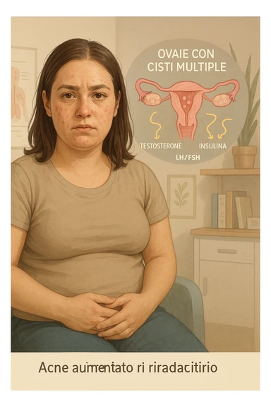 Donna tra i 25 e i 35 anni, con espressione stanca ma determinata, seduta in uno studio medico o nella sua stanza, con mani sul basso ventre. Sullo sfondo un diagramma trasparente o fluttuante di ovaie con cisti multiple, ormoni stilizzati in disequilibrio (testosterone, insulina, LH/FSH). Leggeri segni visivi di sintomi tipici: acne sul viso, lieve aumento di peso, capelli leggermente diradati in zona frontale. Ambiente realistico ma con elementi educativi e simbolici. Toni tenui ma caldi, stile empatico e informativo. in italiano sticker