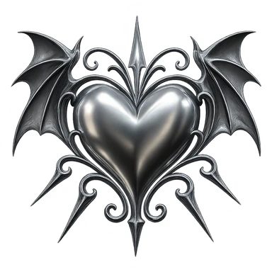 Add gothic bat wings to the black gothic heart with metallic spikes in chrome 3D style, no background. sticker
