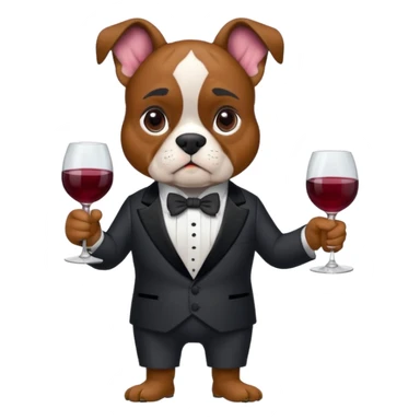 Ein kleiner, stämmiger Boxer mit kurzem, faltigem Gesicht und sehr großen, seitlich abstehenden Ohren. Er hat kurzes dunkelgrau-schwarzes Fell mit hellbraunen Abzeichen über den Augen, an Wangen und Beinen sowie etwas hellerem Kinn, with red wine glass sticker