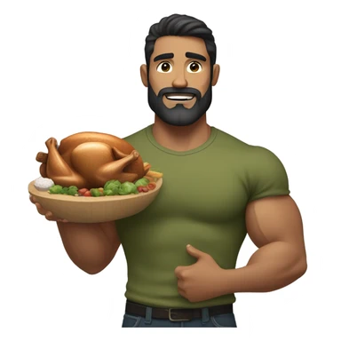 muscular man with dark hair. Little salt and pepper beard. Making a muscle with his left arm, holding a turkey In a olive green shirt sticker