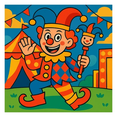 Add a lively circus background to the cartoonish joker clown on the playing card, keeping the energetic and silly feel. sticker