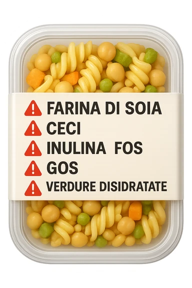 SU QUESTO STILE FAI UN EMOJI STILE IPHONE 3D DI UN insalata di pasta precotta preconfezionata con ETICHETTA CON GLI INGREDIENTI SCRITTI, "farina di soia, ceci, inulina, FOS, GOS, verdure disidratate" accanto ad ogni nome scritto mettici un segnale di allarme, FALLO MOLTO REALISTICO IN 3D sticker