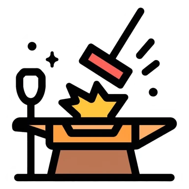 Blacksmithing icon, forged metal piece being shaped with hammer and anvil, glowing red-hot metal, blacksmith tools like tongs and chisel, sparks flying, minimalistic style, clean lines sticker