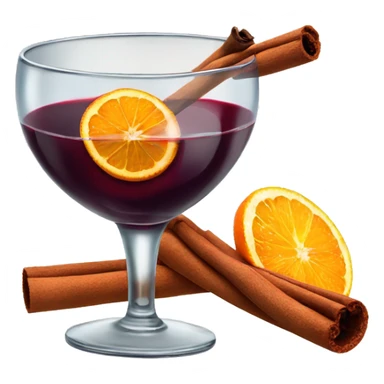 A martini glas filled with red wine, a cinnamon stick and a slice of orange sticker