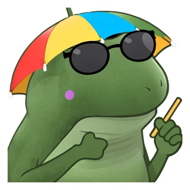 Make this frog look even more like the classic Bufo meme: green, wide-eyed, with the signature Bufo face, wearing a rainbow umbrella hat, round sunglasses, and holding a pink cocktail, in bufo style, no background. sticker