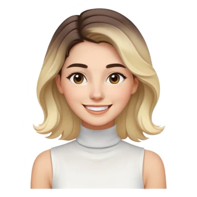 Mujer joven caucasian, cara alargada, cejas suaves, pelo marron oscuro ondulado con puntas rubias, raya al lado. Sonrisa amplia, expresión alegre. Turtle neck white shirt sin mangas. Ombre hair.  sticker