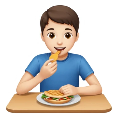 middle school student taking a bite of food, sitting at a table, cheerful sticker
