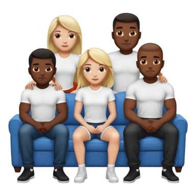 White girl sitting on couch with five muscular black men in white tshirts around her sticker