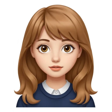 24세 광고홍보전공하는 대학생 여자, 앞머리가 있는 회갈색의 긴 웨이브 머리, 같은 회갈색 컬러의 눈썹,  큰 눈에 아이라인이 그려져있고 동그란 코에 적당한 입술 두깨, 시크한 표정 sticker