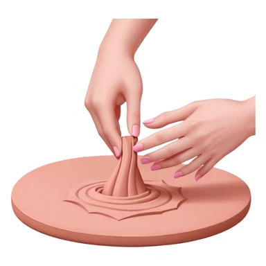 hands wedging a pink clay on a table, pressing and folding the clay sticker