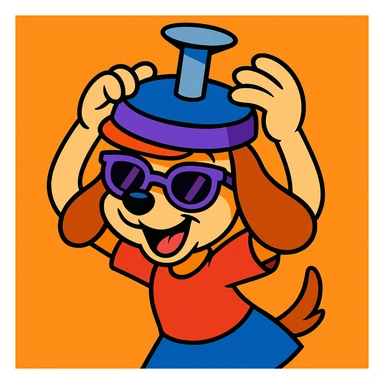 playful puppy girl character holding a nail-themed hat above her head, wearing half purple sunglasses, fun and expressive cartoon style sticker