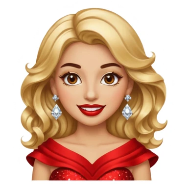 “Emoji girl, glamorous smile, shimmering gold eyeshadow, bold red lips, voluminous waves, dramatic lashes, wearing diamond earrings and gold gown.” sticker
