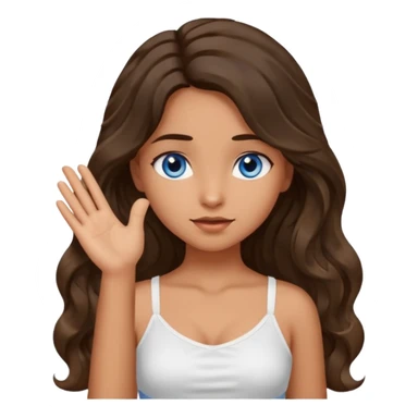 Girl with olive skin, blue eyes, brown dark insanely wavy long hair, white camisole, left hand palm up crossing arms in front of face sticker