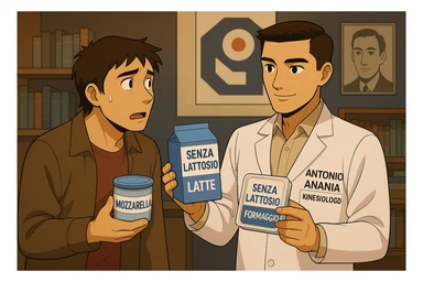 fai un webtoon manga a colori con questo stile, in cui un uomo ASCOLTA Il kinesiologo con il camice bianco (fagli anche la scritta "ANTONIO ANANIA" SUL CAMICE, IL KINESIOLOGO SPIEGA ALL'UOMO UNA MOSTRANDO VARI PRODOTTI DA SUPERMERCATO CONFEZIONATI (TIPO SCATOLA DI LATTE, MOZZARELLE CONFEZIONATE, FORMAGGIO CONFEZIONATO), OGNI CONFEZIONE HA LA SCRITTA "SENZA LATTOSIO SULL'ETICHETTA. L'UOMO OSSERVA IL KINESIOLOGO CON ESPRESSIONE CONFUSA IN VOLTO. non fare i fumetti però, fai solo in modo che sembri stiano parlando sticker
