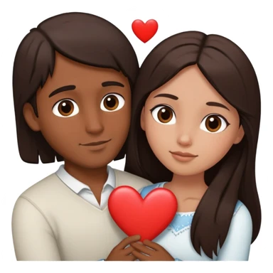 A couple embracing, man with mestizo brown skin and short straight dark brown hair, woman with fair skin and long dark brown hair, with white hearts around them sticker