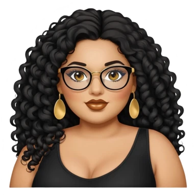 big plus size, latina, darker tan skin, long black curly hair, baddie,pretty, makeup, lipgloss, black eyeliner, long hair, small gold earrings, black top, black glasses sticker