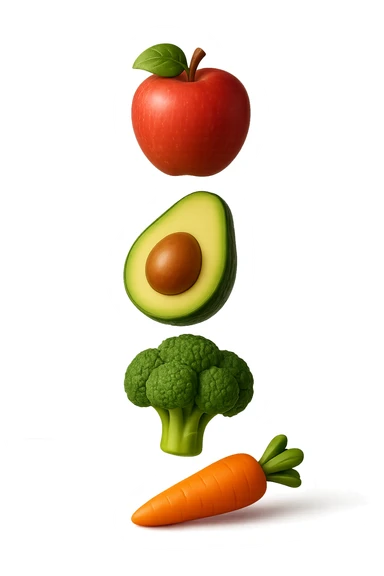 emoji stile iphone in 3d di cibo sano che fluttua in aria vericalmente, iperrealistico 4k sticker