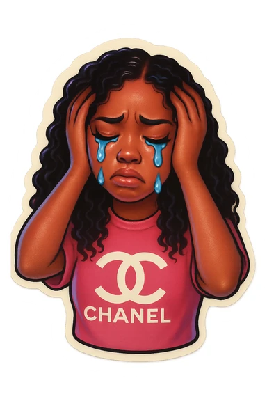 Crying Tears rolling down face 
Mouth Pout
hands on head 
pink chanel shirt 
head down
 sticker