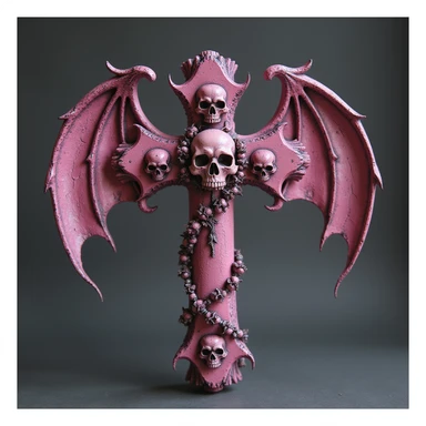 realistic gothic cross, pink with bat wings and skulls, photorealistic style, no background sticker