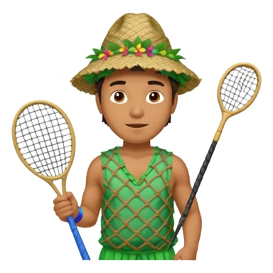 Hawaiian man with leaf hat and big net racket and colorful cloth sticker