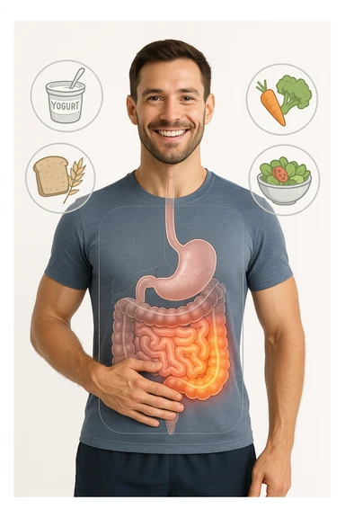 a fit, smiling man stands confidently with one hand on his abdomen. A transparent overlay reveals a healthy, detailed digestive tract with a glowing, vibrant intestine. Around him, icons of healthy foods like yogurt, vegetables, and whole grains float, symbolizing good gut health. The background is clean and bright, with an educational mood. sticker