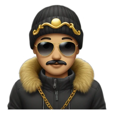 A boy with moustache , black sunglasses and wearing golden chain in neck and a winter cap potrait  sticker