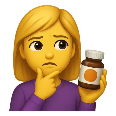 DONNA STILE EMOJI IPHONE DI UNA DONNA CON BOCCETTA DI INTEGRATORE IN MANO ED ESPRESSIONE DUBBIOSA, 4K sticker