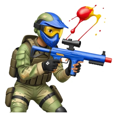 A paintball player in full gear, aiming a paintball gun with focus and determination. The scene includes vibrant splashes of paint and a dynamic battlefield setting, emphasizing action, strategy, and teamwork in a competitive environment sticker