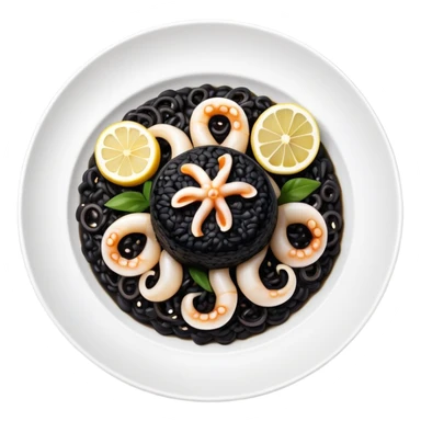 cinematic-realistic-black-risotto-dish,-showcasing-small squid pieces-rendered-with-bold-textures-and-dynamic,-dramatic-lighting in a white plate with a grilled lemon on top sticker