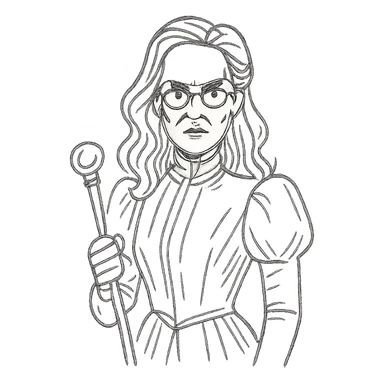 Wilhemina Venable (Sarah Paulson) in royal purple Victorian style, beautiful and luminous but terrifying, holding a gold cane sticker