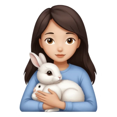 A young Asian woman with dark brown, almost Asian girl with dark brown hair, brown eyes, light Asian skin, hugging a white rabbit with light brown spots, soft and warm atmosphere.
  sticker